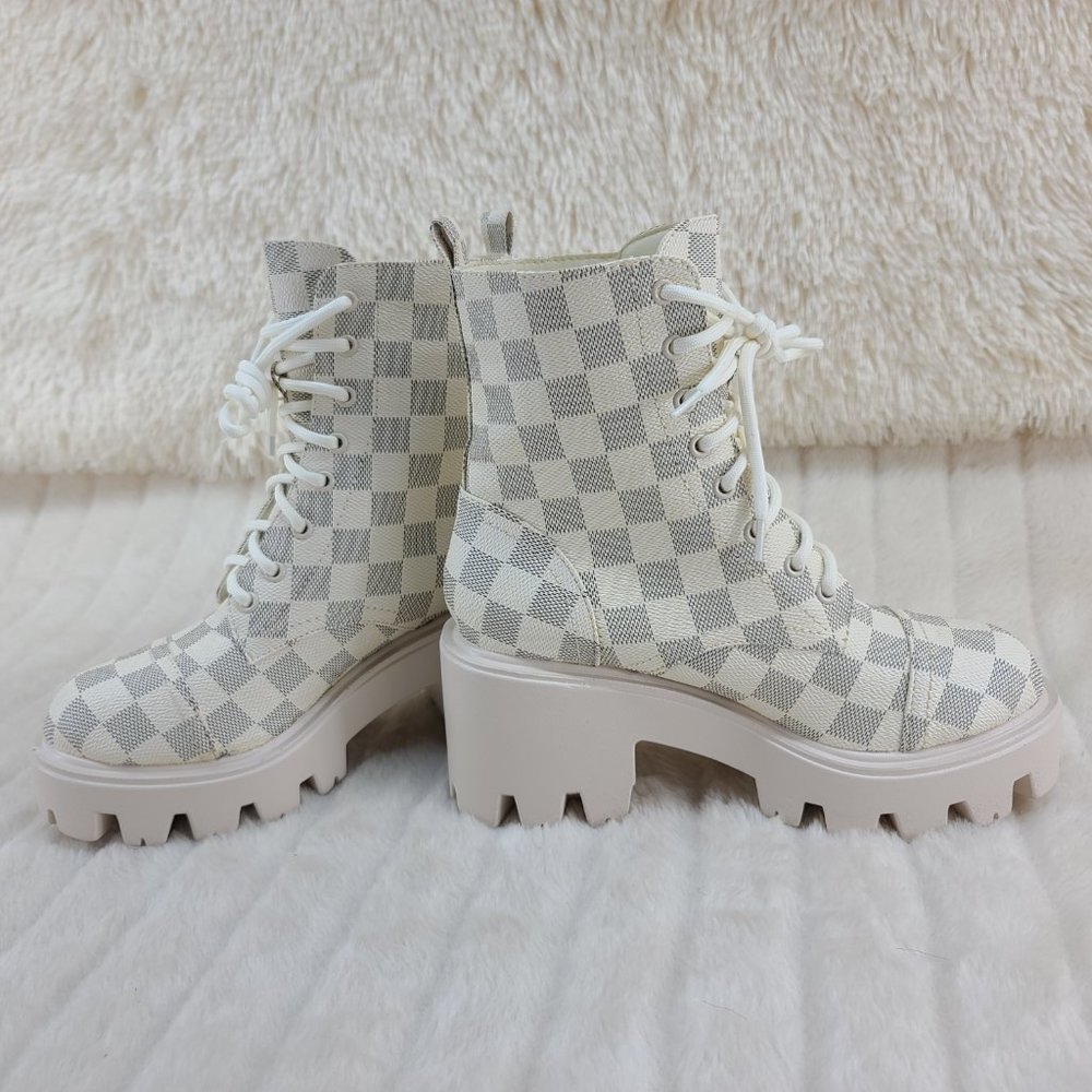 Off White Checker Pattern Platform Combat Boots - Picture 3 of 6